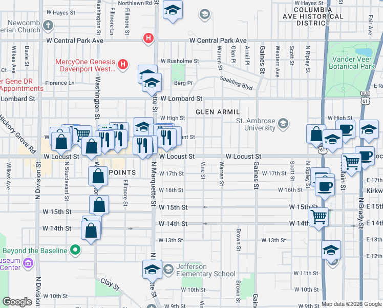 map of restaurants, bars, coffee shops, grocery stores, and more near 1026 West Locust Street in Davenport