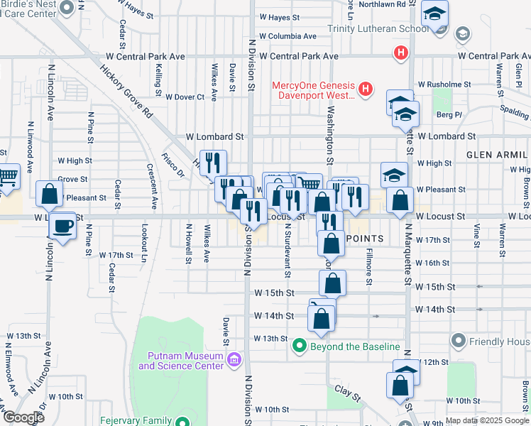 map of restaurants, bars, coffee shops, grocery stores, and more near 1634 Locust Street in Davenport