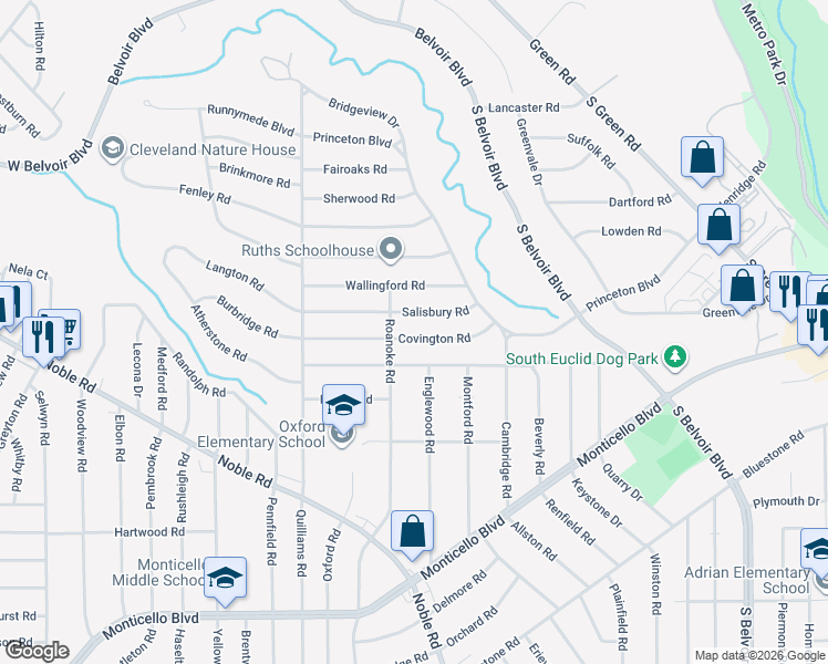 map of restaurants, bars, coffee shops, grocery stores, and more near 3862 Covington Road in South Euclid