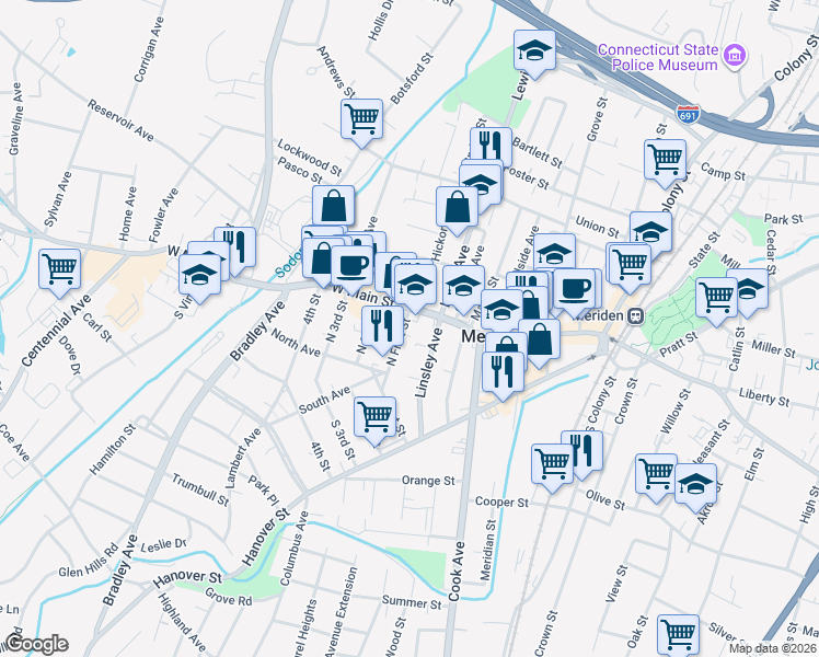 map of restaurants, bars, coffee shops, grocery stores, and more near 27 Linsley Avenue in Meriden
