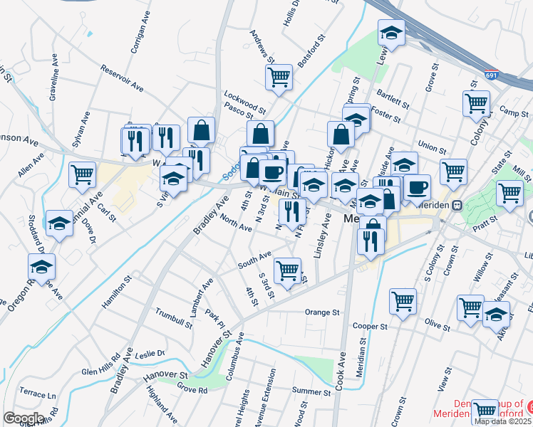 map of restaurants, bars, coffee shops, grocery stores, and more near 50 North 3rd Street in Meriden