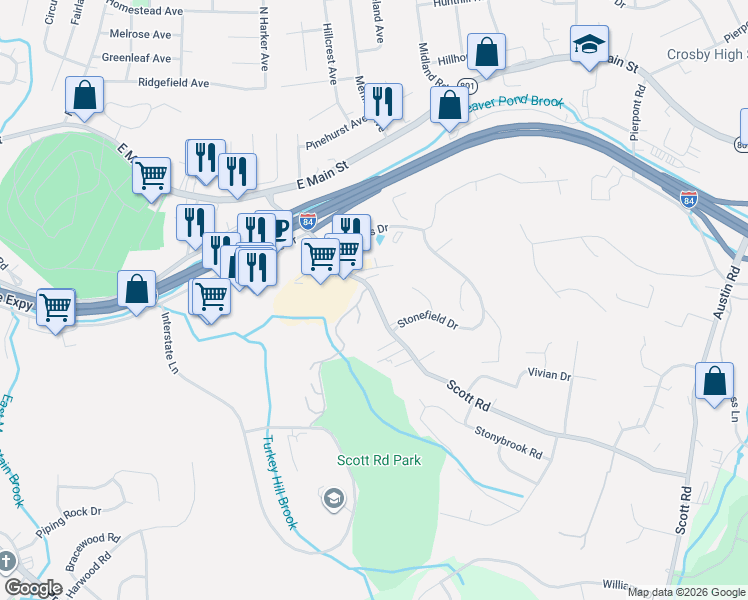 map of restaurants, bars, coffee shops, grocery stores, and more near 214 Scott Road in Waterbury