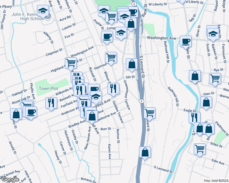 map of restaurants, bars, coffee shops, grocery stores, and more near 1448 Bank Street in Waterbury