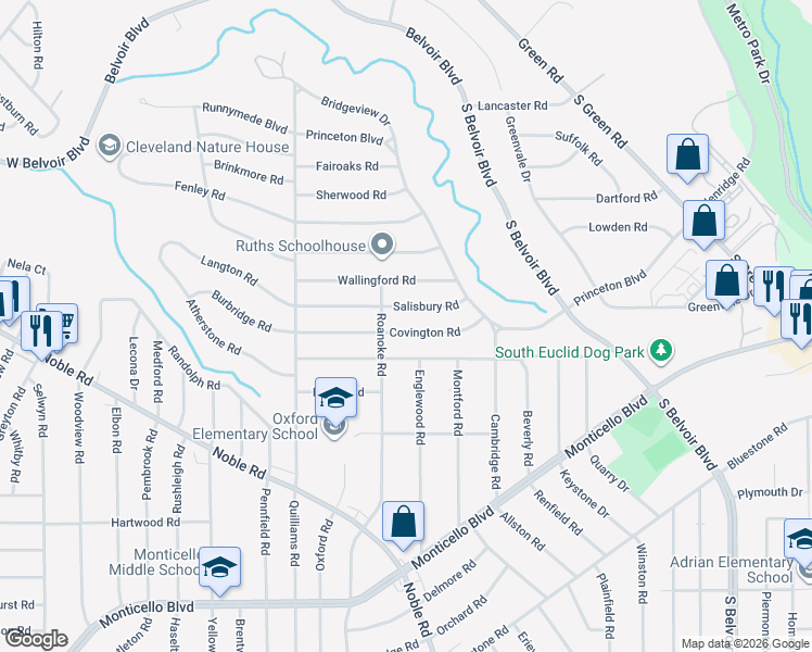 map of restaurants, bars, coffee shops, grocery stores, and more near 3862 Covington Road in South Euclid