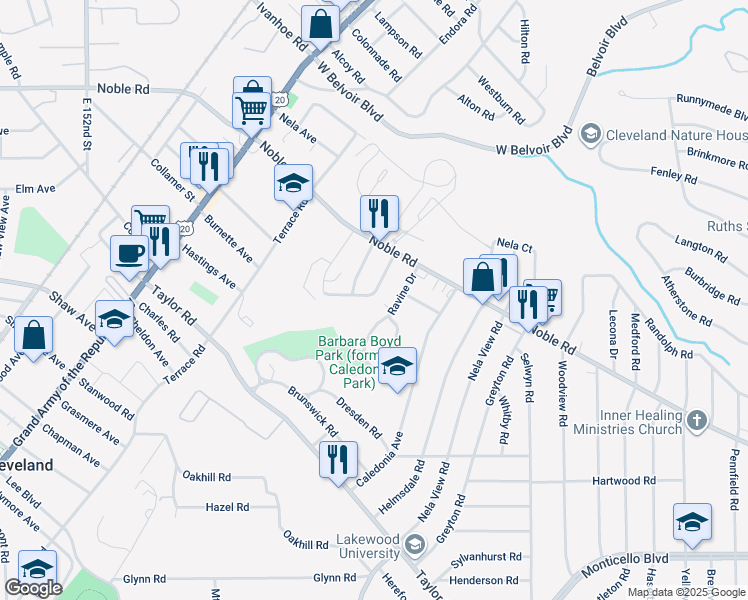 map of restaurants, bars, coffee shops, grocery stores, and more near 15962 Ravine Drive in East Cleveland