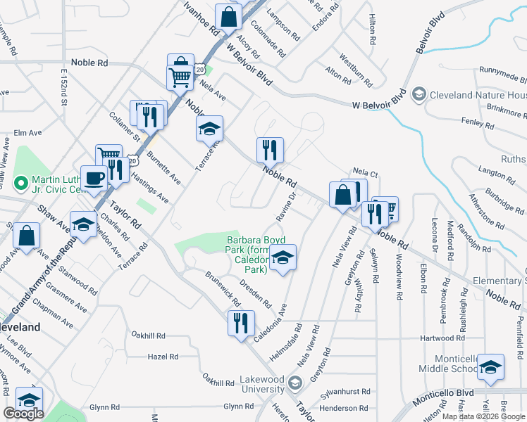 map of restaurants, bars, coffee shops, grocery stores, and more near 15962 Ravine Drive in East Cleveland
