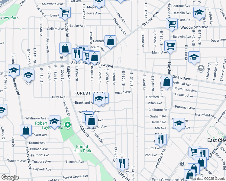 map of restaurants, bars, coffee shops, grocery stores, and more near 707 East 128th Street in Cleveland