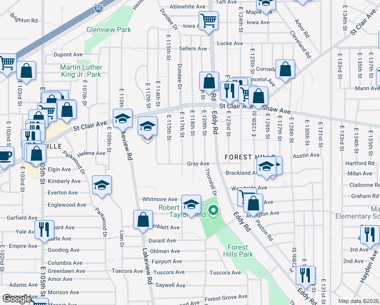 map of restaurants, bars, coffee shops, grocery stores, and more near 702 East 118th Street in Cleveland