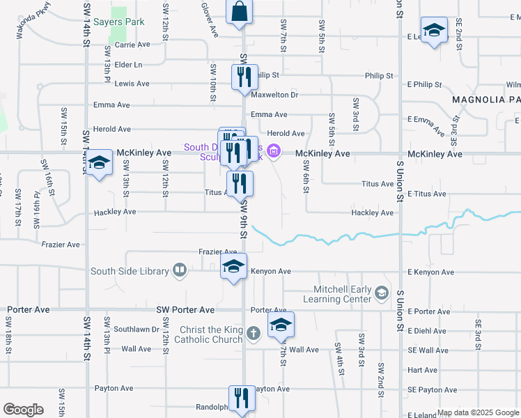 map of restaurants, bars, coffee shops, grocery stores, and more near 5012 Southwest 8th Street in Des Moines