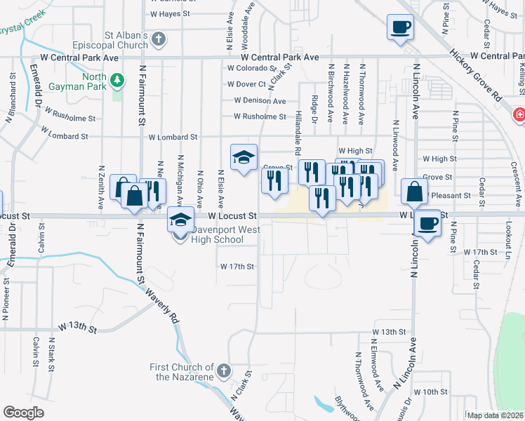 map of restaurants, bars, coffee shops, grocery stores, and more near 3122 Locust Street in Davenport