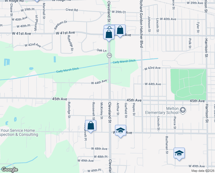 map of restaurants, bars, coffee shops, grocery stores, and more near 4408 Cleveland Street in Gary