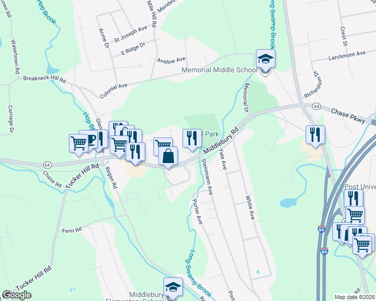 map of restaurants, bars, coffee shops, grocery stores, and more near 352 Middlebury Road in Middlebury