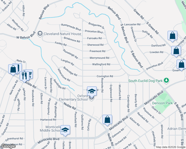 map of restaurants, bars, coffee shops, grocery stores, and more near 3770 Covington Road in South Euclid