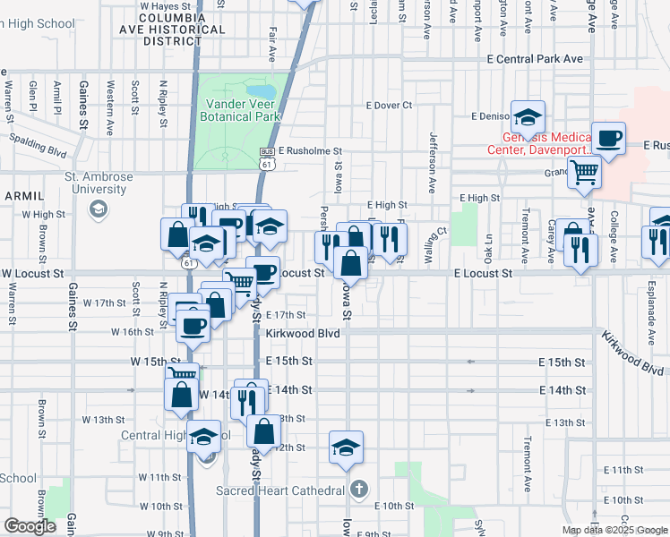 map of restaurants, bars, coffee shops, grocery stores, and more near 310 East Locust Street in Davenport