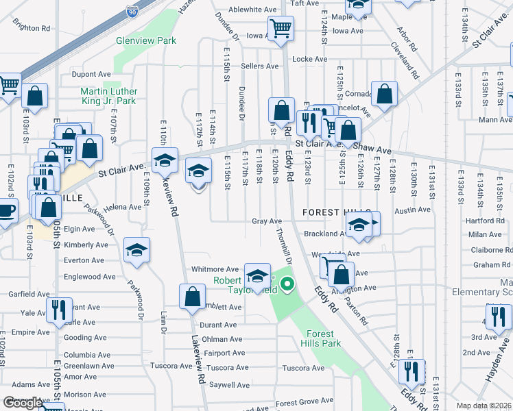 map of restaurants, bars, coffee shops, grocery stores, and more near 702 East 118th Street in Cleveland