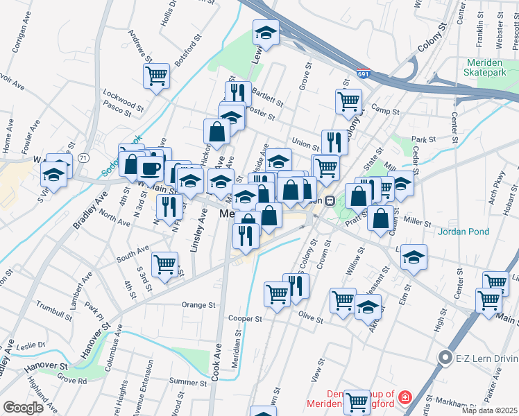 map of restaurants, bars, coffee shops, grocery stores, and more near 86 West Main Street in Meriden
