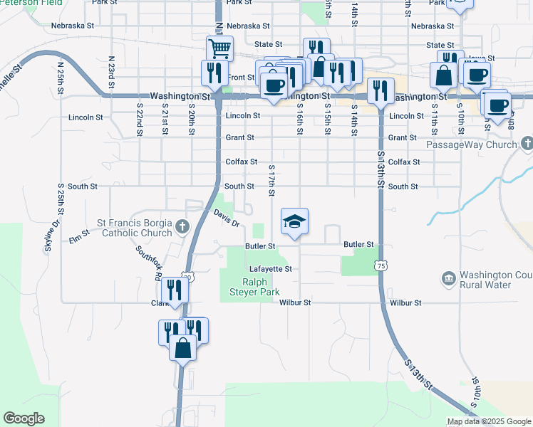 map of restaurants, bars, coffee shops, grocery stores, and more near 615 South 17th Street in Blair