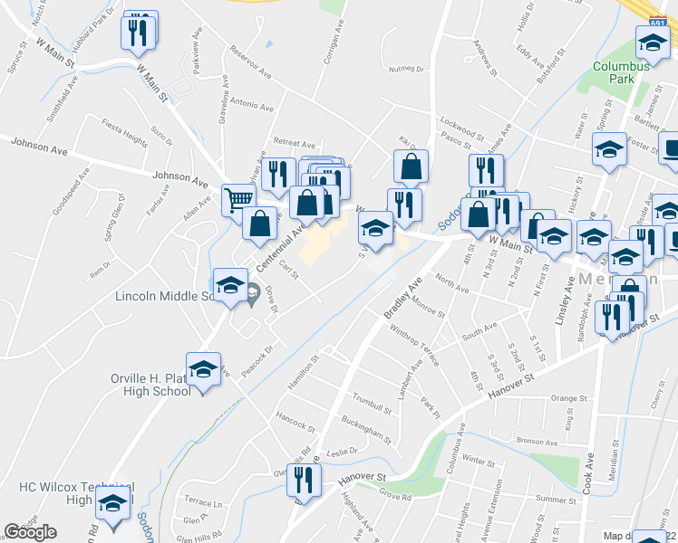 map of restaurants, bars, coffee shops, grocery stores, and more near 81 South Vine Street in Meriden