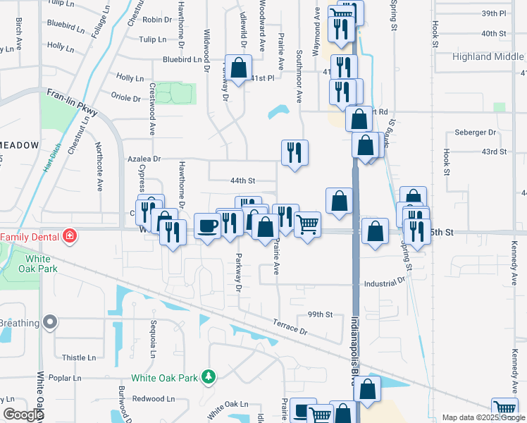 map of restaurants, bars, coffee shops, grocery stores, and more near 2153 West 45th Street in Highland