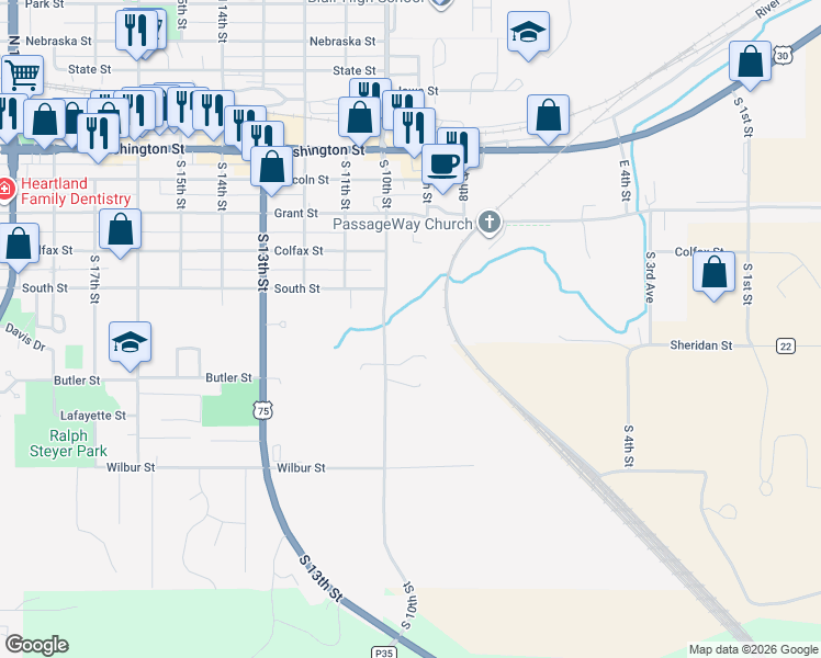 map of restaurants, bars, coffee shops, grocery stores, and more near 715 South 10th Street in Blair