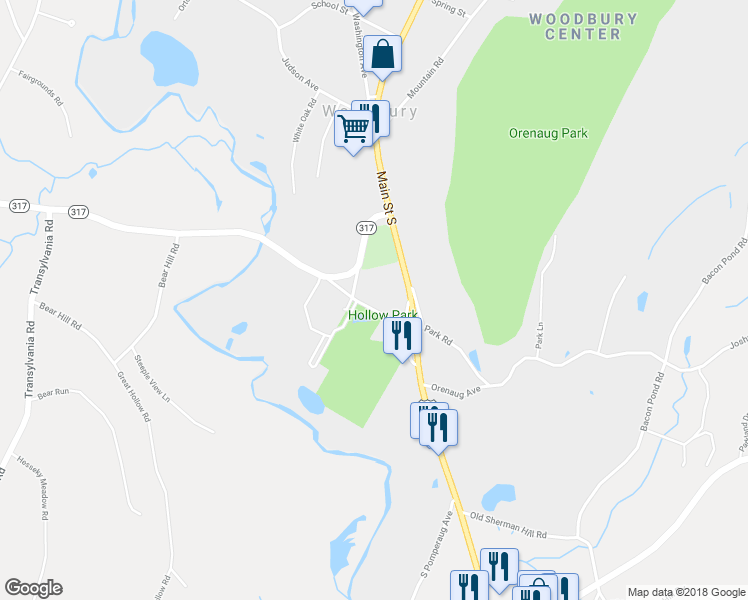 map of restaurants, bars, coffee shops, grocery stores, and more near 34 Hollow Road in Woodbury