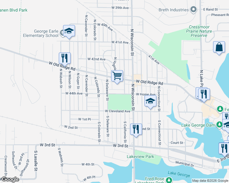 map of restaurants, bars, coffee shops, grocery stores, and more near 951-1099 West Home Avenue in Hobart