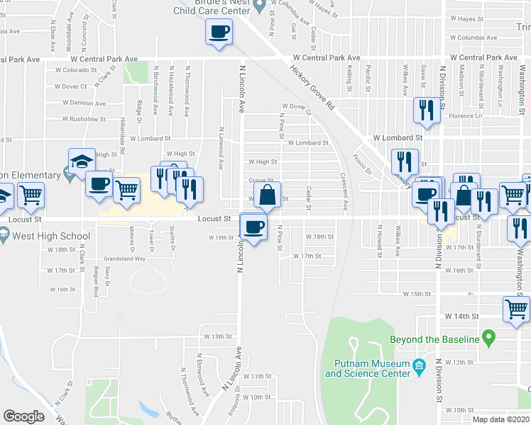 map of restaurants, bars, coffee shops, grocery stores, and more near 2322 West Locust Street in Davenport