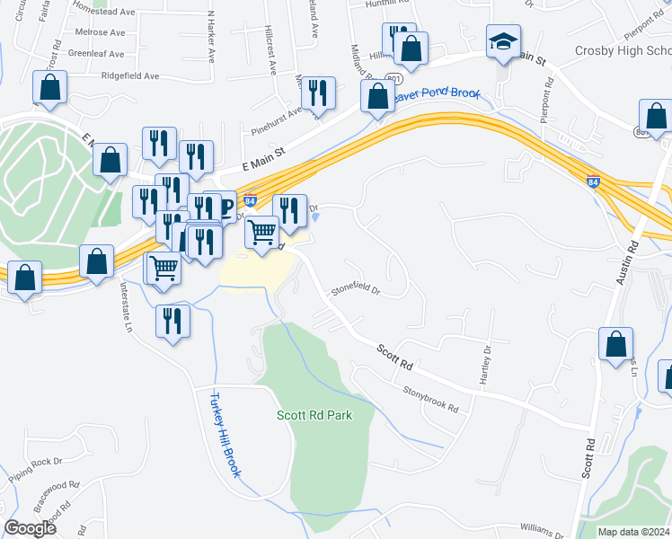 map of restaurants, bars, coffee shops, grocery stores, and more near 187 Scott Road in Waterbury