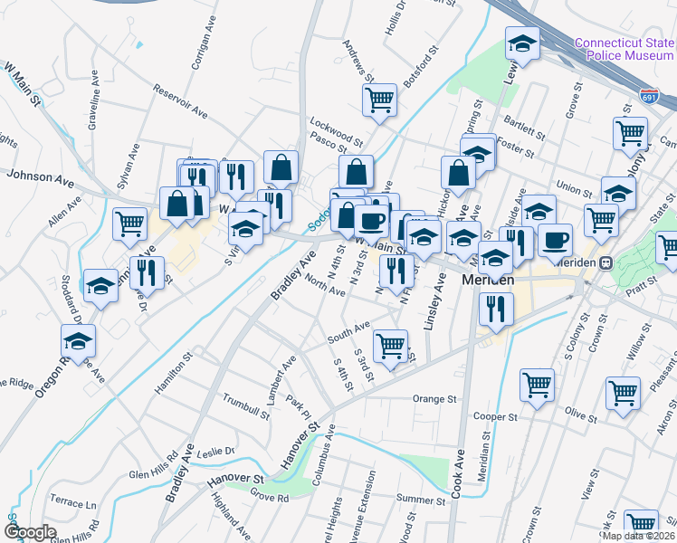 map of restaurants, bars, coffee shops, grocery stores, and more near 60 4th Street in Meriden