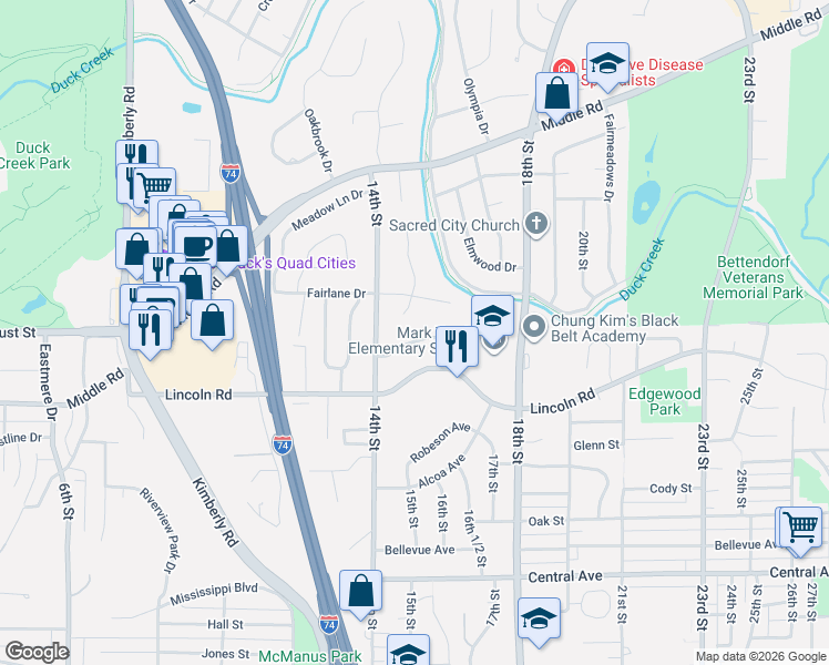map of restaurants, bars, coffee shops, grocery stores, and more near 1503 Broadview Drive in Bettendorf