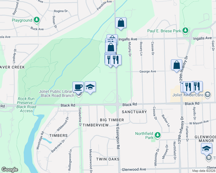 map of restaurants, bars, coffee shops, grocery stores, and more near 901 Essington Road in Joliet
