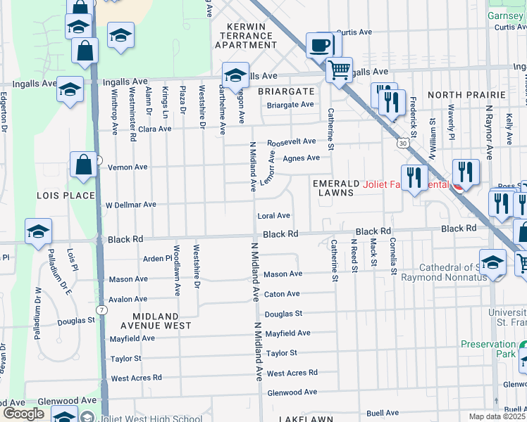 map of restaurants, bars, coffee shops, grocery stores, and more near 1415 Black Road in Joliet