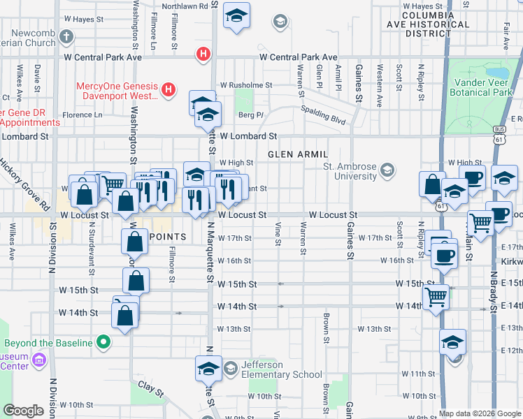 map of restaurants, bars, coffee shops, grocery stores, and more near 1026 West Locust Street in Davenport