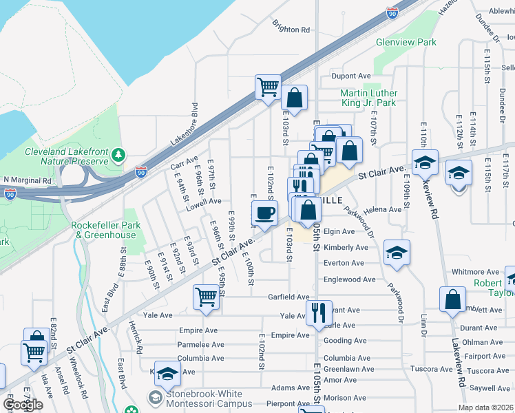 map of restaurants, bars, coffee shops, grocery stores, and more near 685 East 101st Street in Cleveland