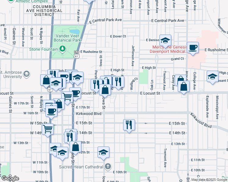 map of restaurants, bars, coffee shops, grocery stores, and more near 506 East Locust Street in Davenport