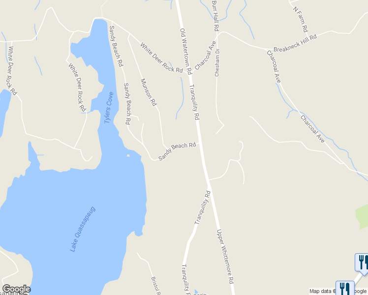 map of restaurants, bars, coffee shops, grocery stores, and more near 17 Sandy Beach Road in Middlebury