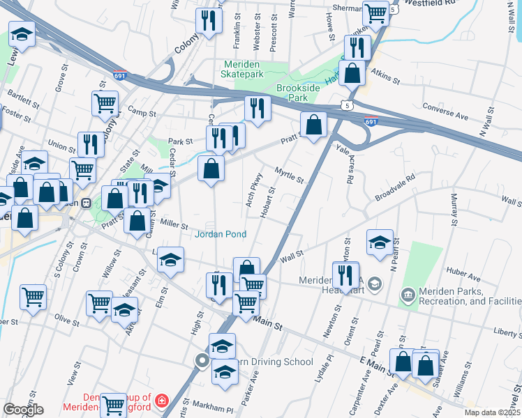 map of restaurants, bars, coffee shops, grocery stores, and more near 91 Hobart Street in Meriden