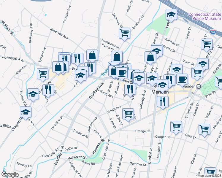 map of restaurants, bars, coffee shops, grocery stores, and more near 60 4th Street in Meriden