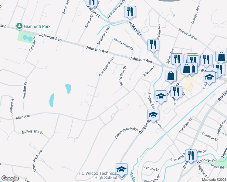map of restaurants, bars, coffee shops, grocery stores, and more near 54 Rem Drive in Meriden