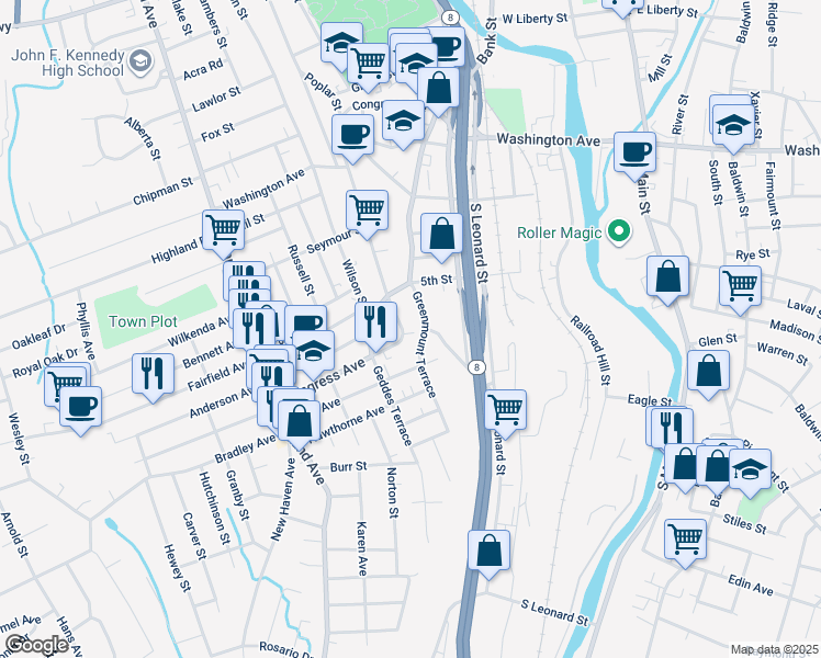 map of restaurants, bars, coffee shops, grocery stores, and more near 503 Congress Avenue in Waterbury