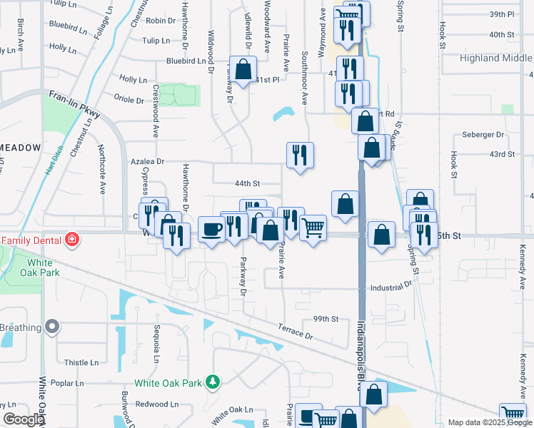 map of restaurants, bars, coffee shops, grocery stores, and more near 2153 West 45th Street in Highland
