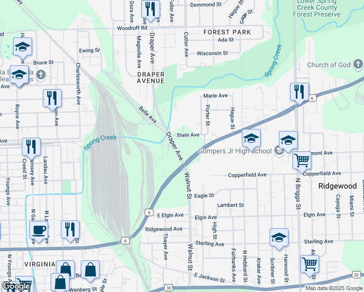 map of restaurants, bars, coffee shops, grocery stores, and more near 1213 Maple Road in Joliet