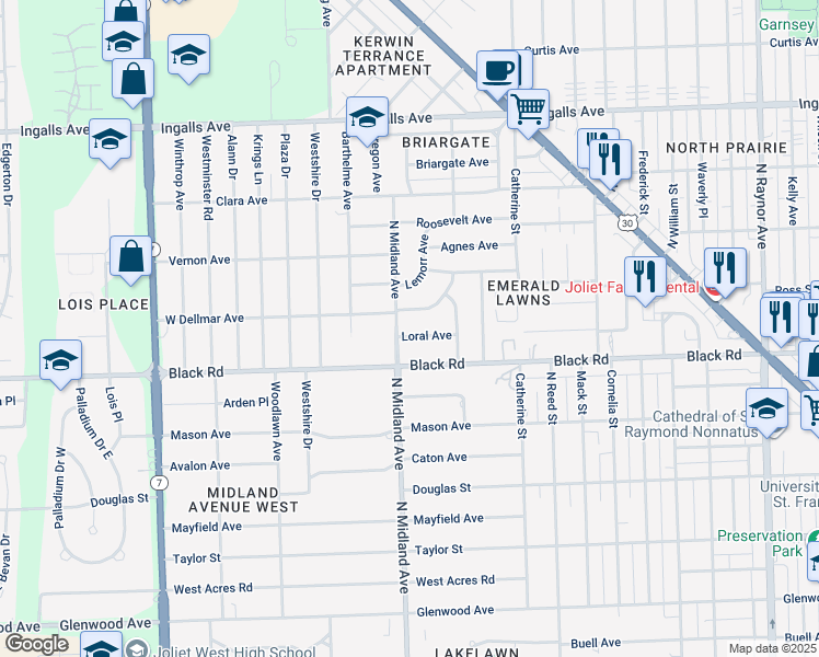 map of restaurants, bars, coffee shops, grocery stores, and more near 1415 Black Road in Joliet