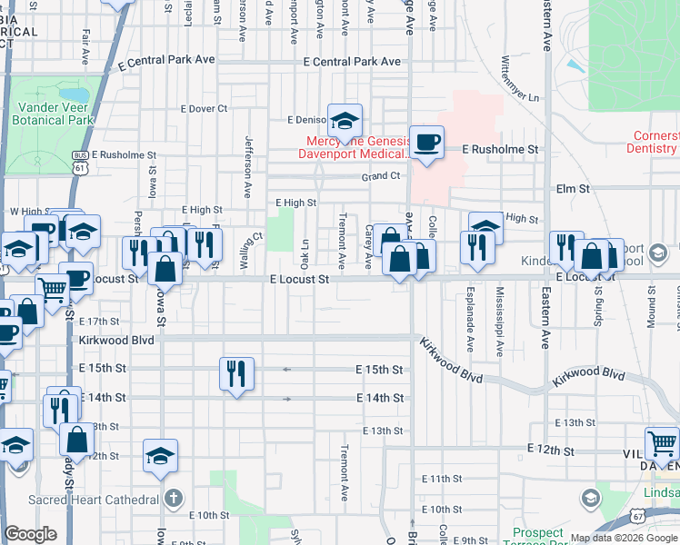 map of restaurants, bars, coffee shops, grocery stores, and more near in Davenport