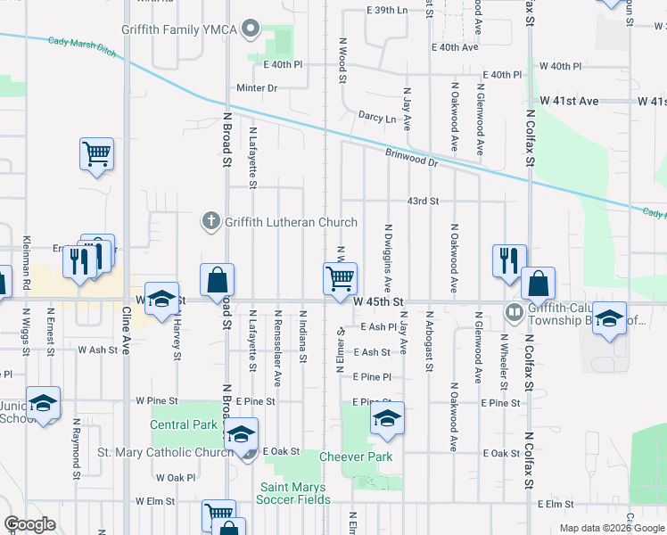 map of restaurants, bars, coffee shops, grocery stores, and more near 920 North Wood Street in Griffith