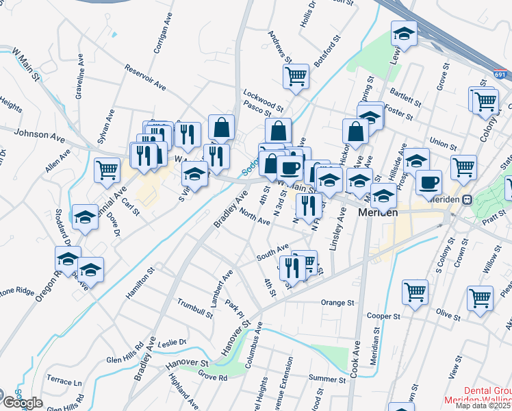 map of restaurants, bars, coffee shops, grocery stores, and more near 45 4th Street in Meriden