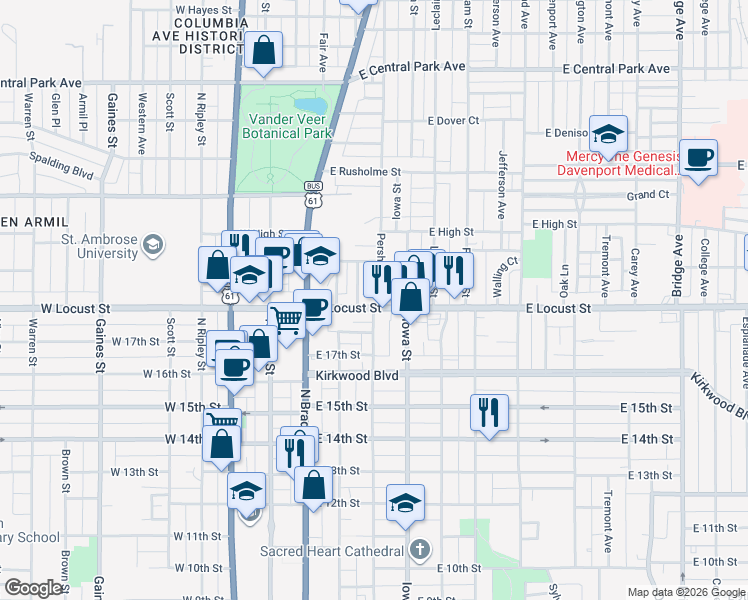map of restaurants, bars, coffee shops, grocery stores, and more near 225 East Locust Street in Davenport