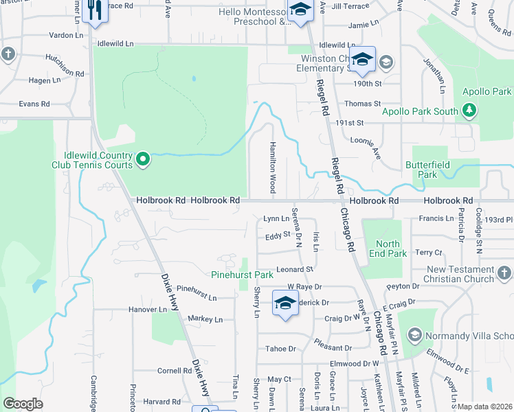 map of restaurants, bars, coffee shops, grocery stores, and more near 273 Lynn Lane in Chicago Heights