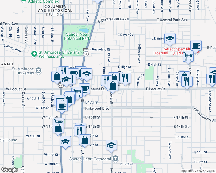 map of restaurants, bars, coffee shops, grocery stores, and more near 310 East Locust Street in Davenport