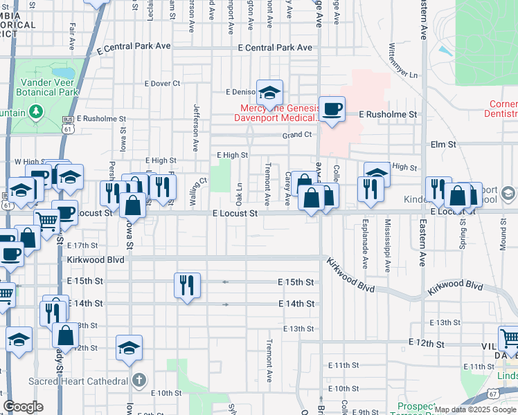 map of restaurants, bars, coffee shops, grocery stores, and more near 918 East Locust Street in Davenport